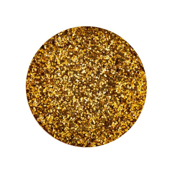 Leuchtender, sehr feiner Bio-Glitter in einem satten Goldton, der Kerzen einen reichen, klassischen Glanz und einen hochwertigen, metallischen Effekt verleiht.