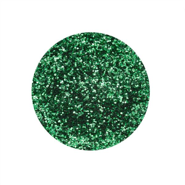 Detailaufnahme von feinem Bio-Glitter in einem satten Waldgrün-Ton, perfekt für die Kerzengestaltung mit einem natürlichen oder weihnachtlichen Look.